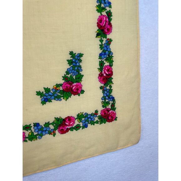 Vintage Wool Scarf Yellow Pink Blue Floral Border Japan 60s 70s - Picture 3 of 6